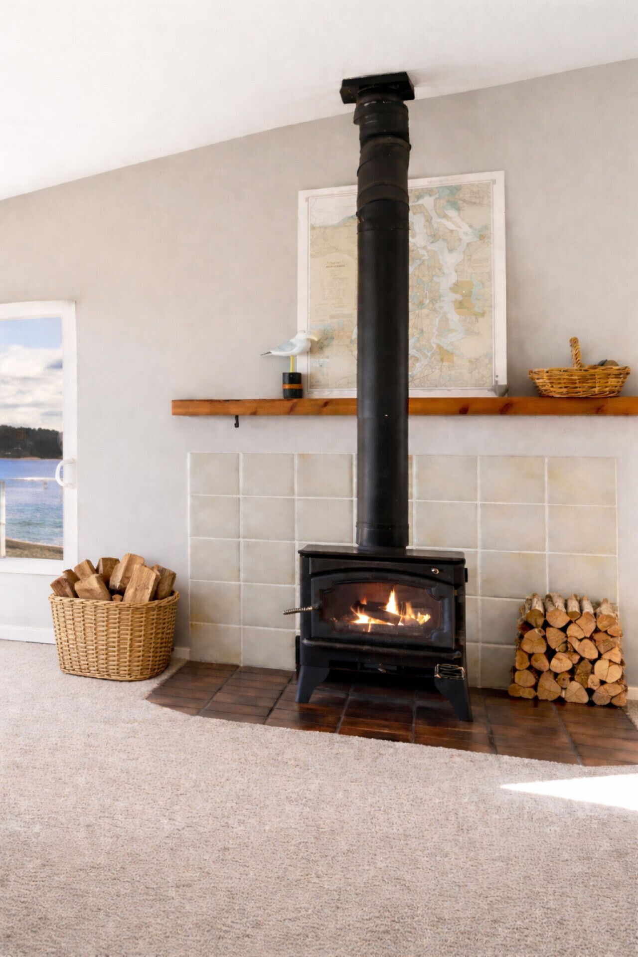 A wood-burning stove with a map above it, a basket of firewood, and a stack of logs.