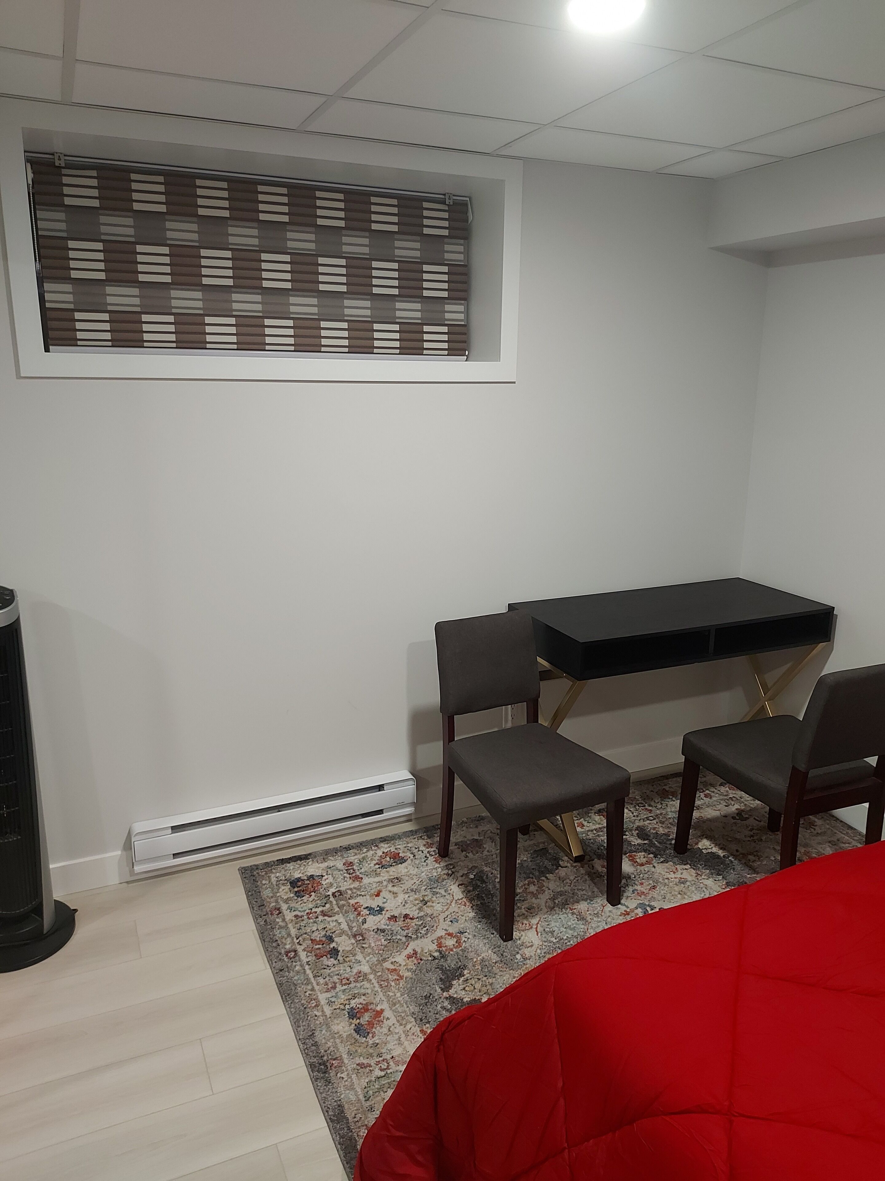 Una habitación con cama, escritorio, dos sillas, radiador y alfombra estampada.