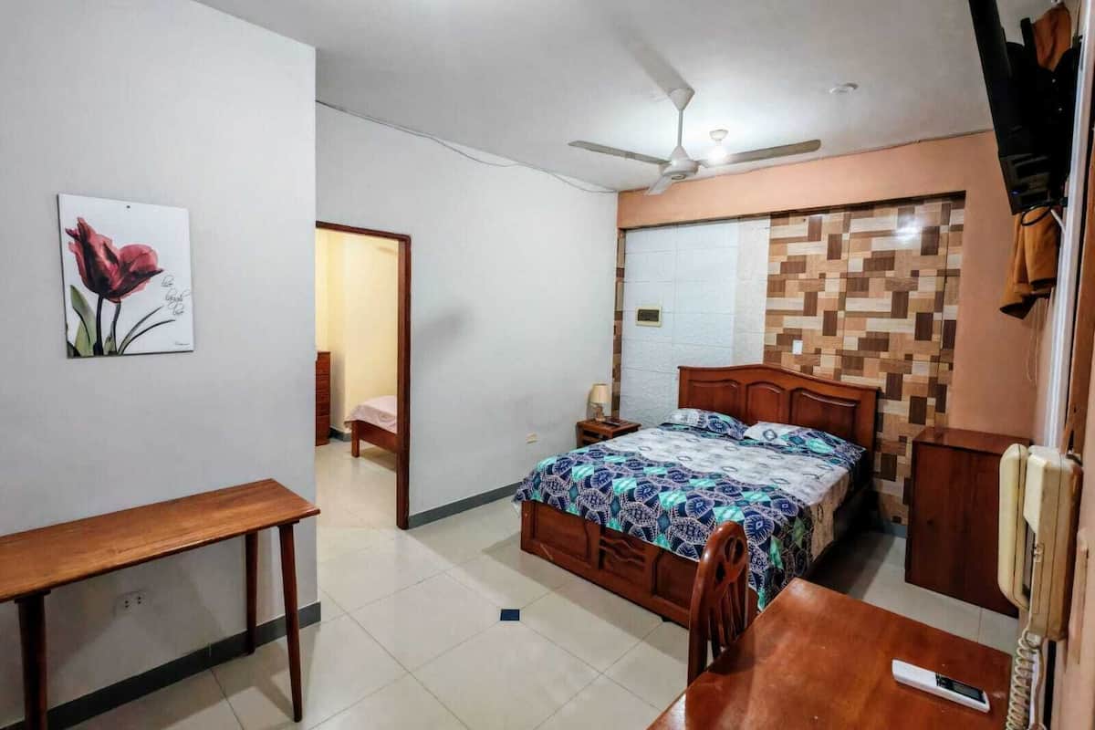 A bedroom with a bed, a desk, a chair, a bedside table, a nightstand, a ceiling fan, and a wall-mounted telephone.