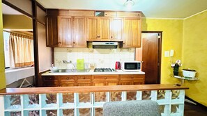 Fridge, microwave, stovetop, electric kettle