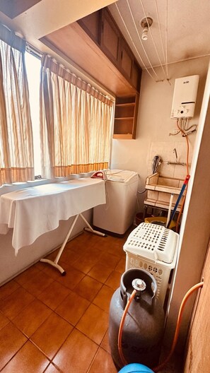 Hair dryer, towels, soap, shampoo