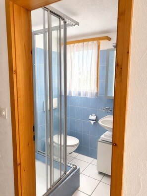 A bathroom with a glass shower enclosure, a toilet, and a sink.