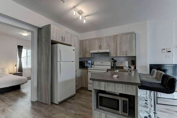 Coffee/tea maker, fridge, microwave, oven