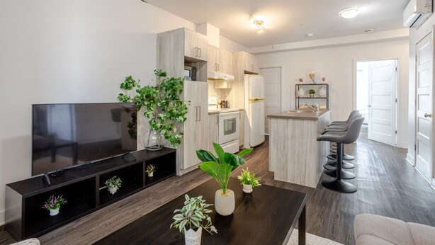 A modern living room with a flat-screen TV, a dark wooden coffee table with potted plants, a kitchen with white cabinets, and a small island with bar stools. - Luxurious 4 BR Suite in Griffintown (Montréal)