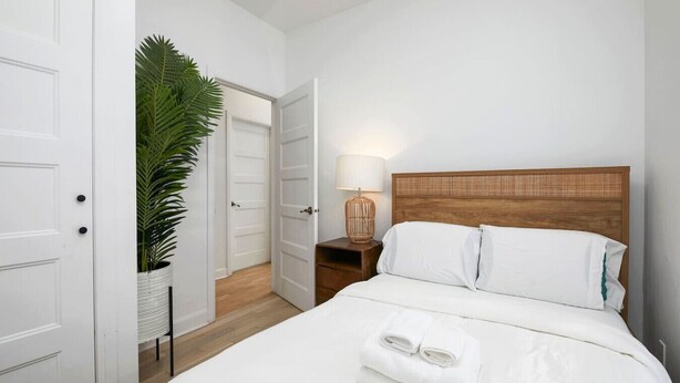 Una habitación de hotel con cama, mesita de noche, lámpara y planta en maceta.