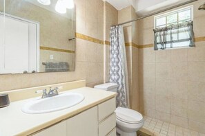 Hair dryer, towels, soap, toilet paper