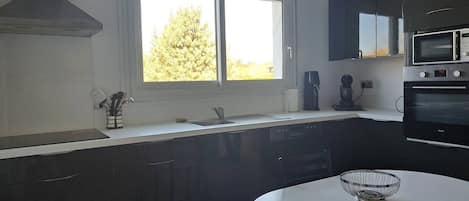 Fridge, oven, cookware/dishes/utensils, paper towels
