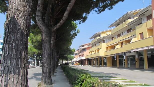A tree-lined street with multi-story buildings, a sidewalk, and a clear sky. - Apartment 'Simma' with Balcony and Air Conditioning (SAN MICHELE AL TAGLIAMENTO)