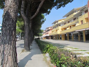 Une rue bordée d’arbres, avec des immeubles à plusieurs étages, un trottoir et un ciel dégagé.