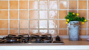 Una cocina con estufa a gas, salpicadero de azulejos y una planta con limones.
