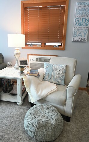Smart TV, fireplace, books