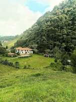 Una casa rural con techo rojo, rodeada por un campo verde exuberante y un bosque denso.