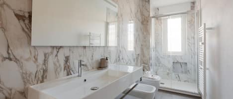 Shower, hair dryer, bidet, towels