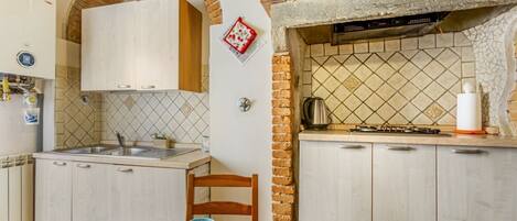 Fridge, microwave, stovetop, cookware/dishes/utensils