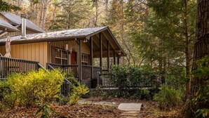 A rustic cabin with a porch, surrounded by dense forest.