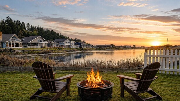 A lakeside view with a fire pit and two Adirondack chairs.