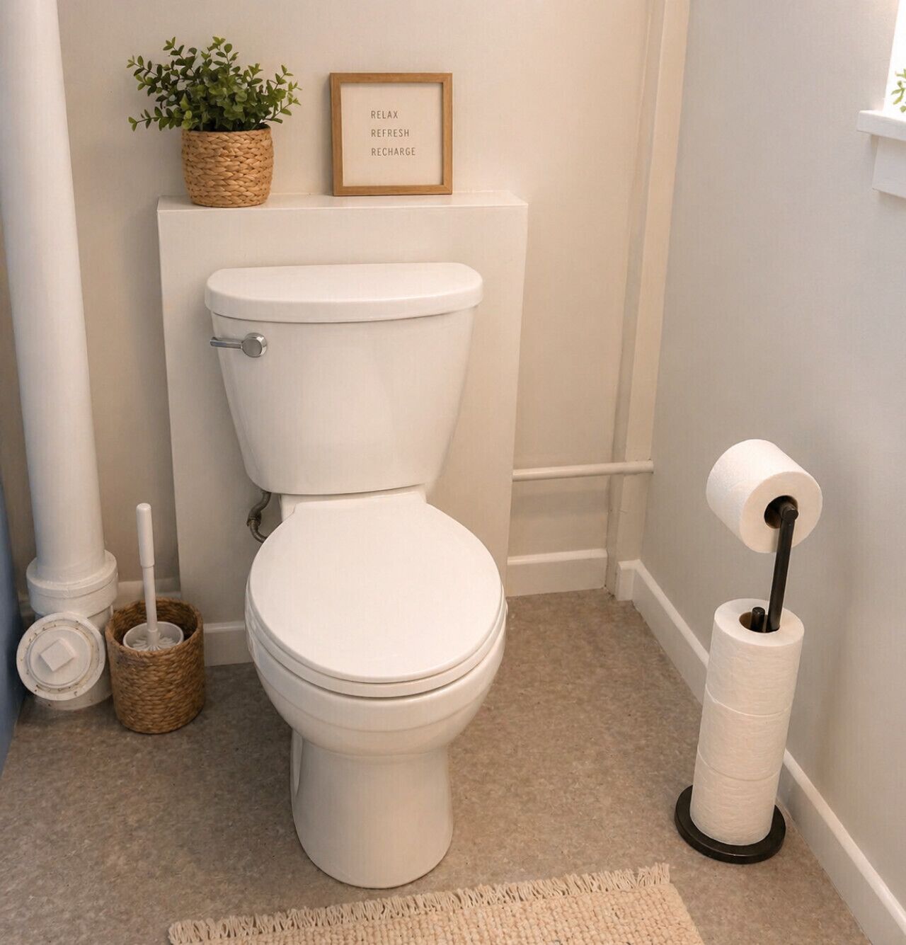 Een wit toilet met een mand vol groene planten en een lijst erboven.