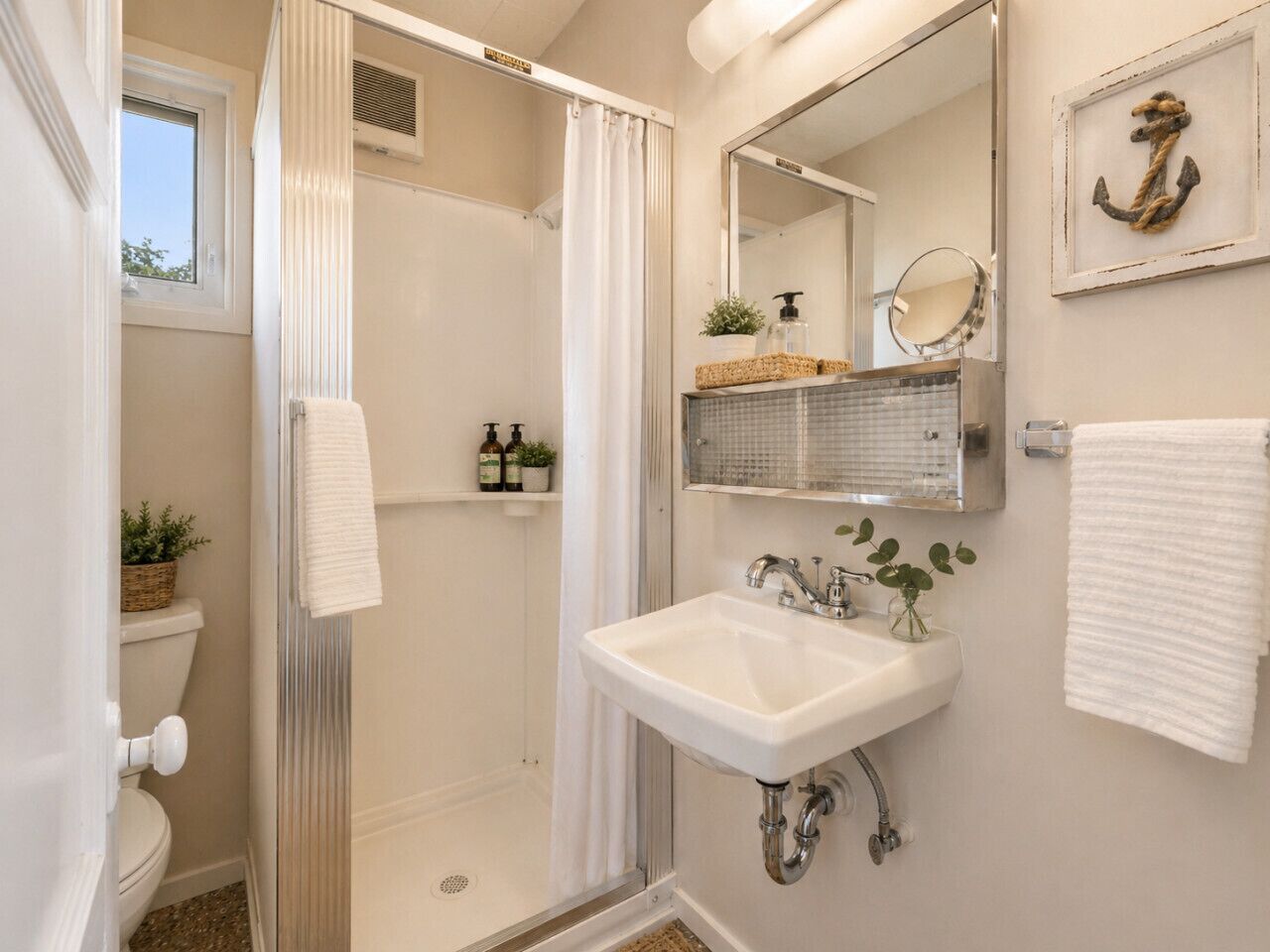 A bathroom with a shower, a sink, a mirror, and a towel rack.