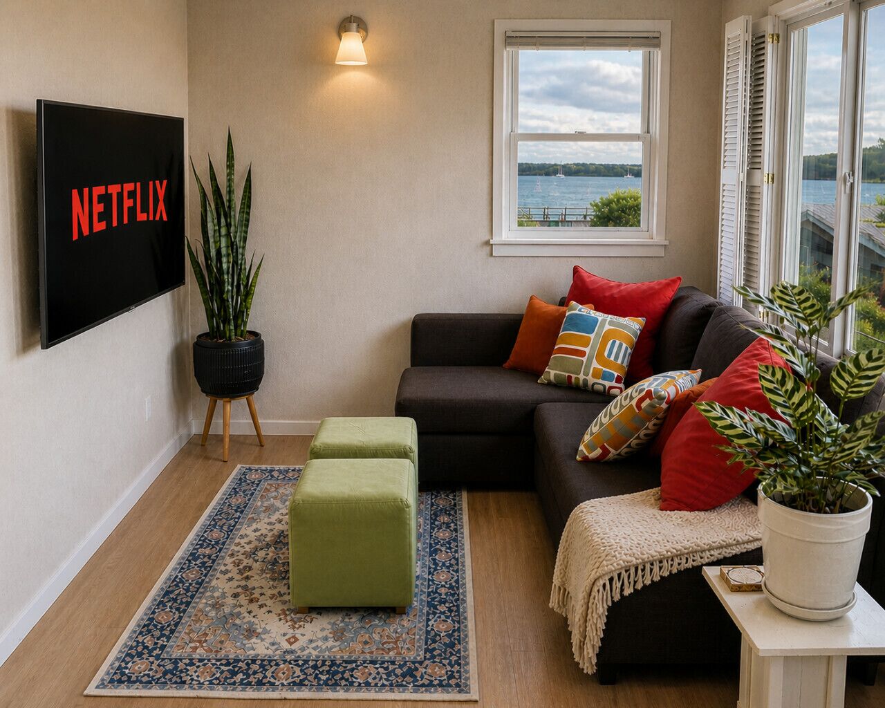Smart TV, livros, biblioteca musical, aparelho de som