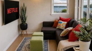 Smart TV, livros, biblioteca musical, aparelho de som