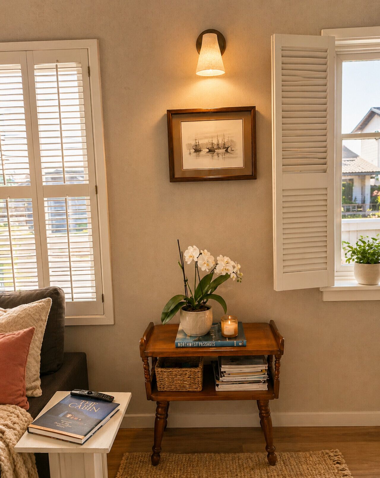 Ein Zimmer mit Fenster, Wandleuchte, einem gerahmten Bild, einem kleinen Tisch mit Pflanze, Kerze und Büchern.