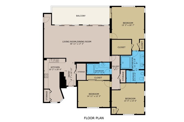 A floor plan of a house with a balcony, two bedrooms, a living room/dining room, a kitchen, a bathroom, and a storage area.