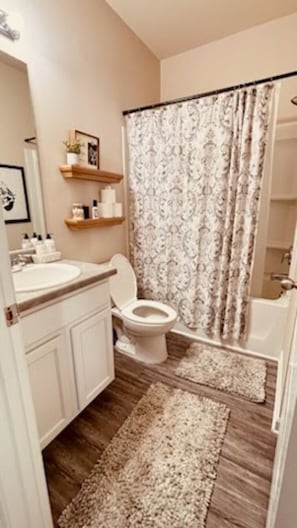 Hair dryer, towels, toilet paper