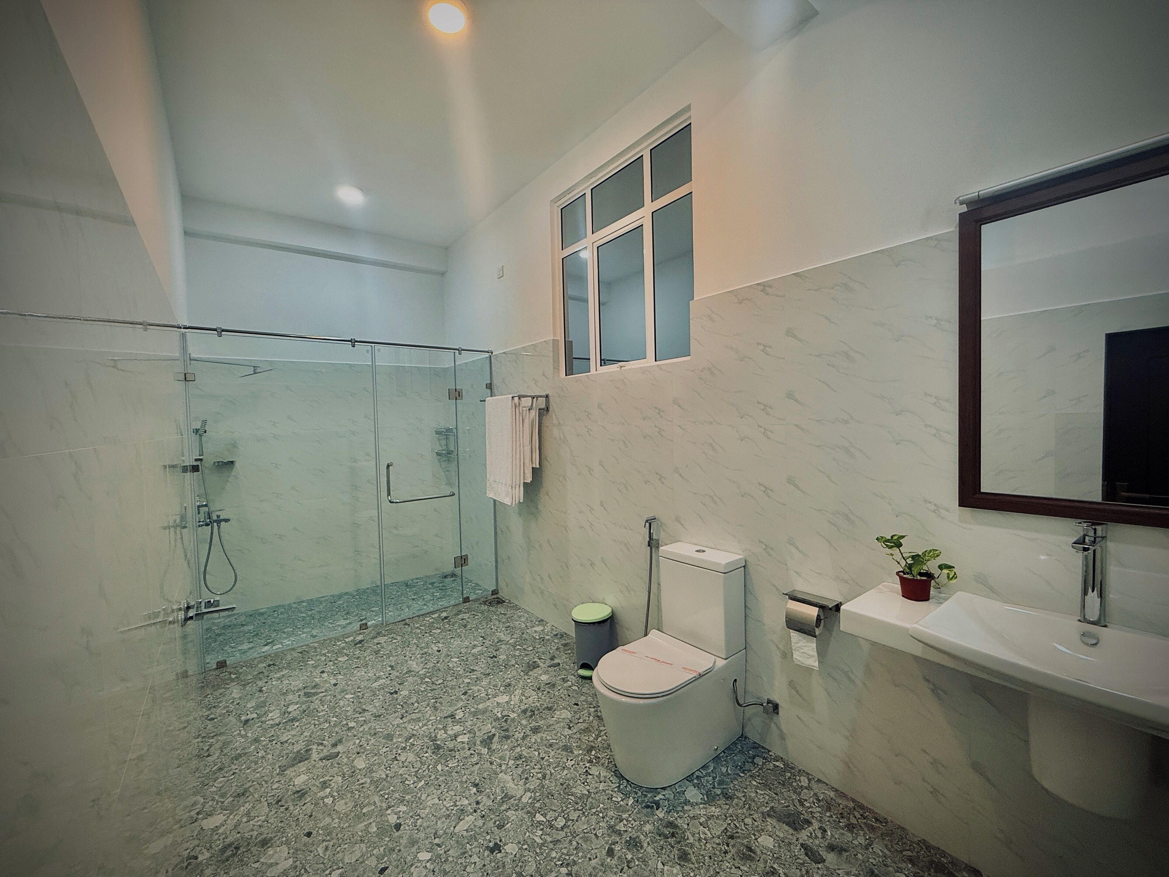 A bathroom with a glass shower enclosure, a toilet, a sink, and a mirror.