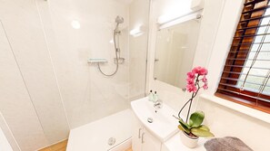 Shower, hair dryer, towels
