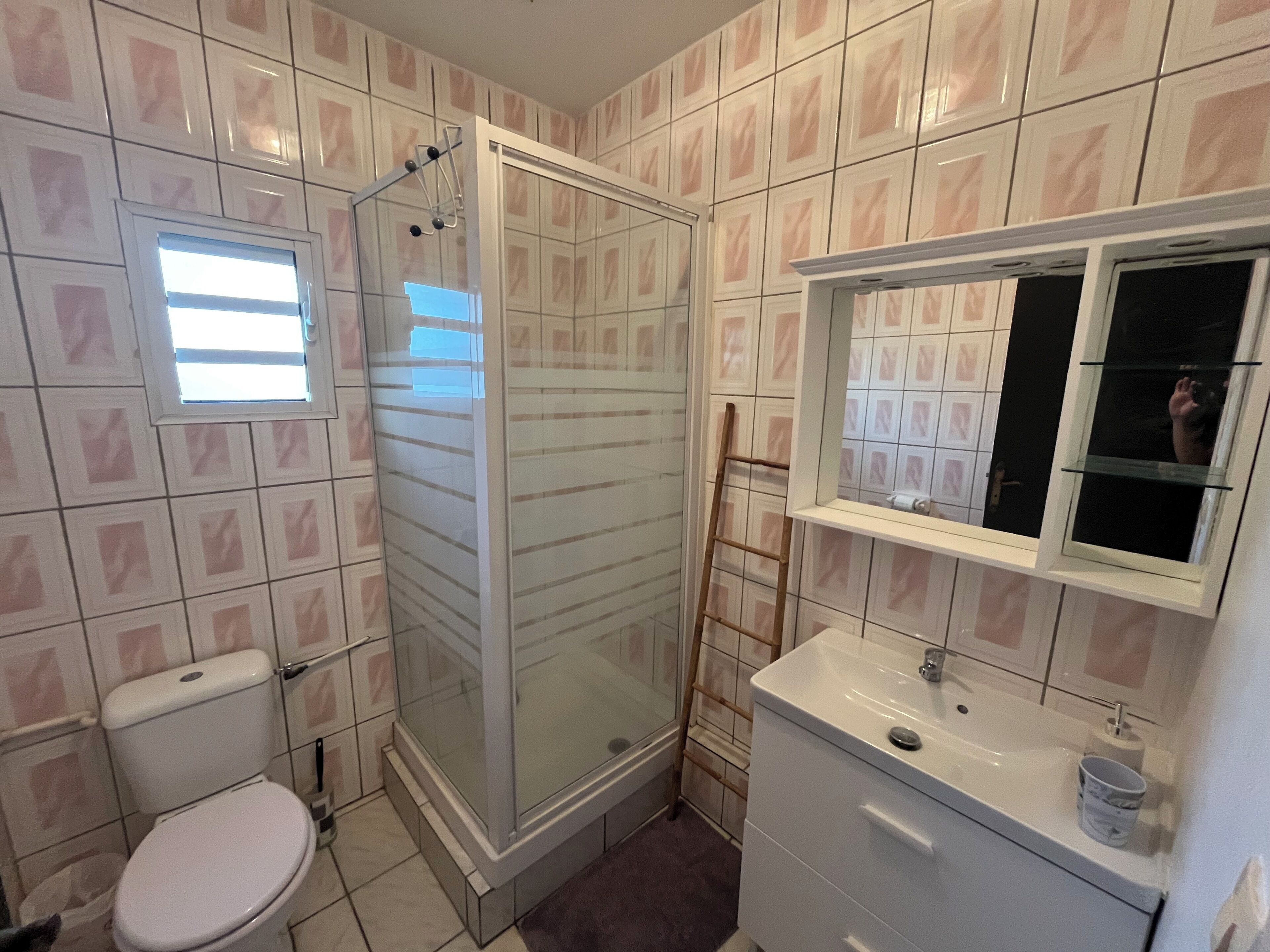 Ein Badezimmer mit Toilette, einer gläsernen Duschkabine, einem Waschbecken mit Spiegel und gefliesten Wänden.