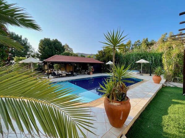 A swimming pool with a tiled deck, surrounded by palm trees and a covered seating area with umbrellas.