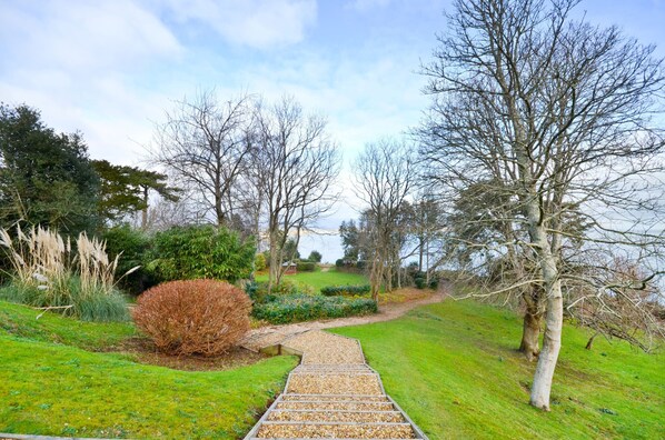 A pathway leading through a garden with various plants and trees.