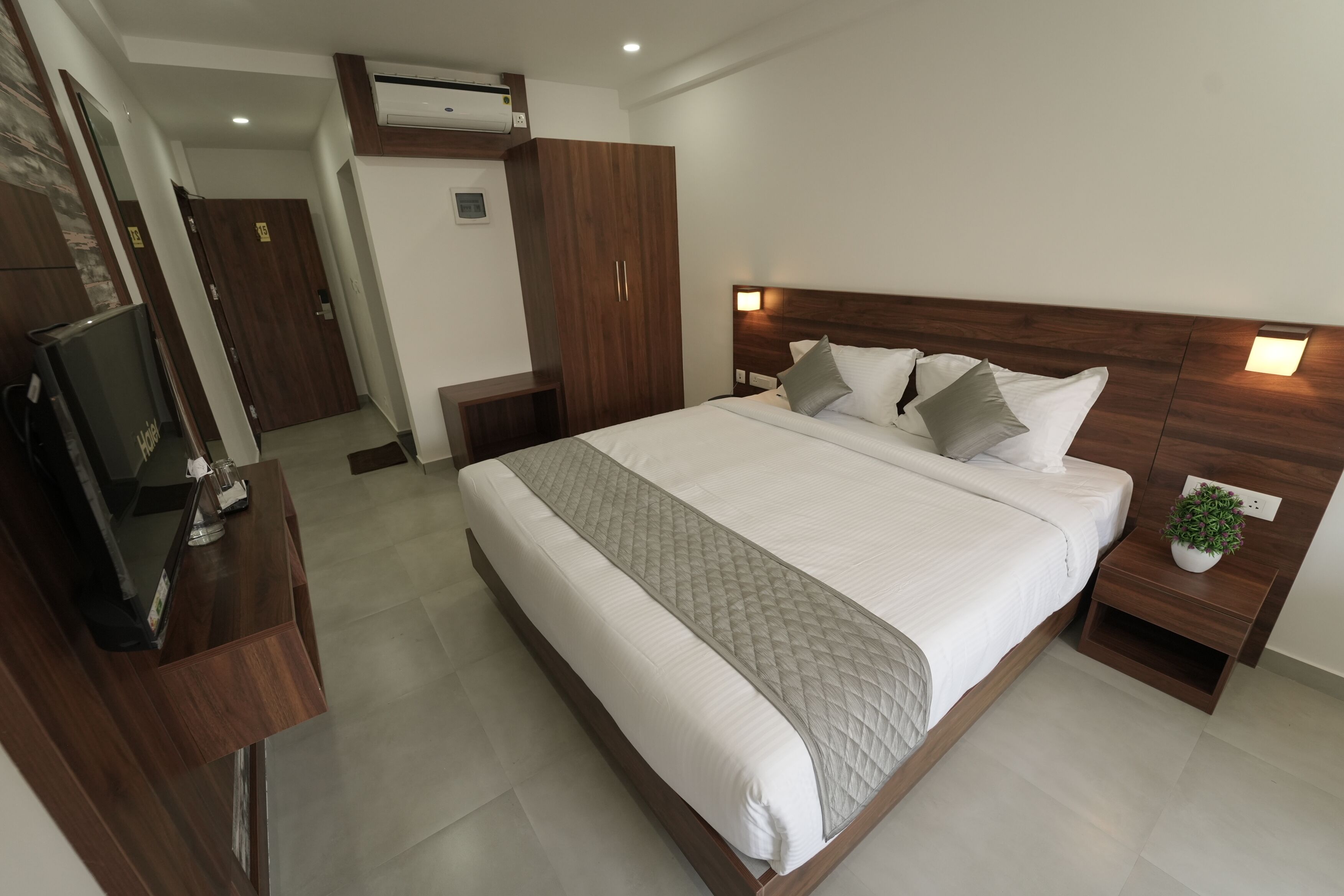 A modern hotel room with a large bed, wooden headboard, bedside tables with lamps, a TV, and a potted plant.