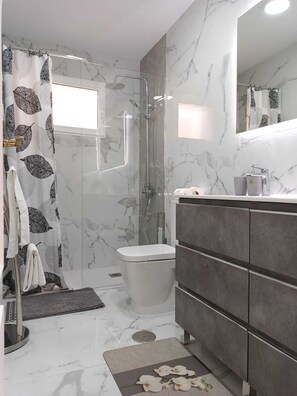 Shower, hair dryer, towels