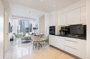 Fridge, microwave, oven, stovetop