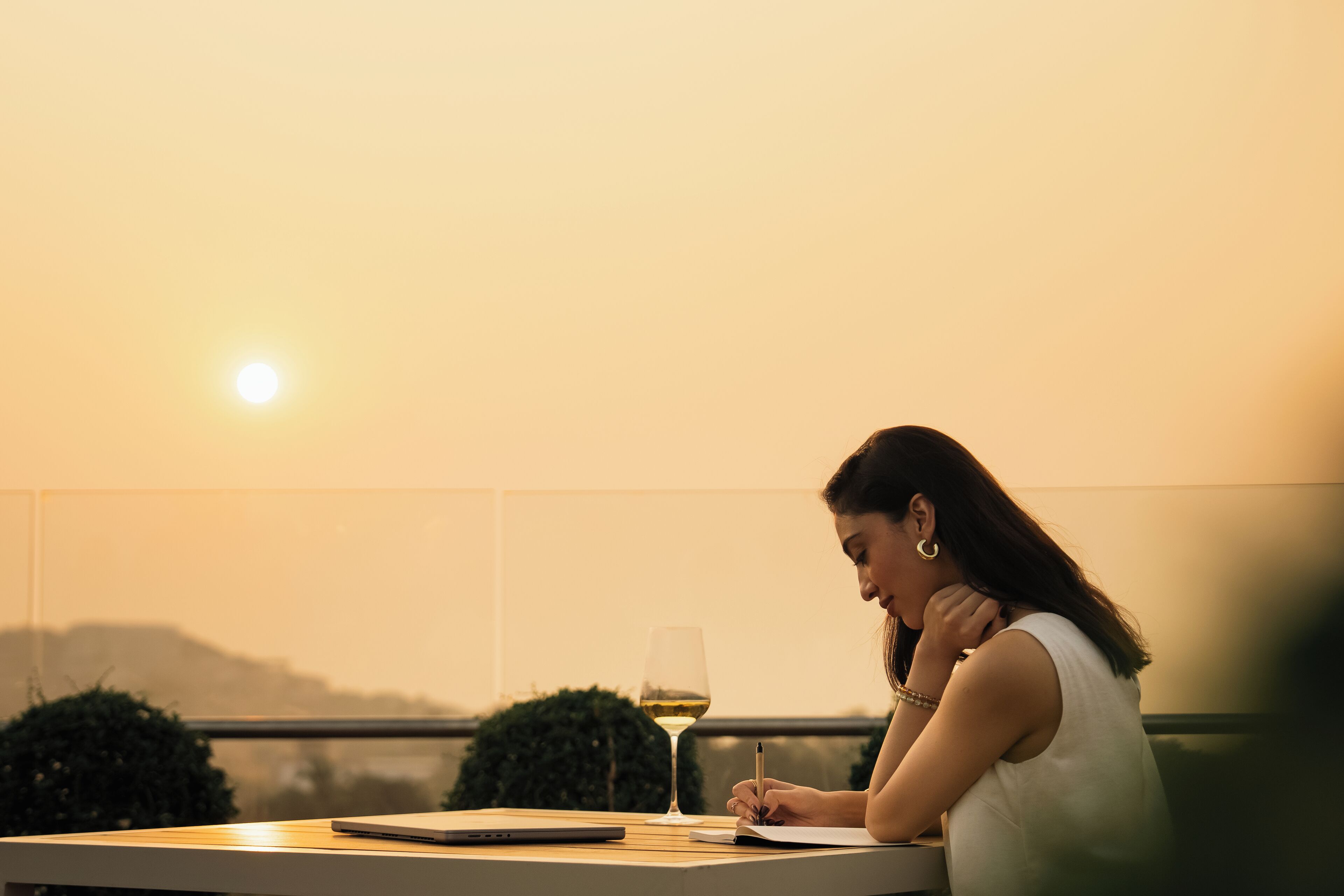 A person sitting at a table with a glass of wine and a notebook, overlooking a scenic view.