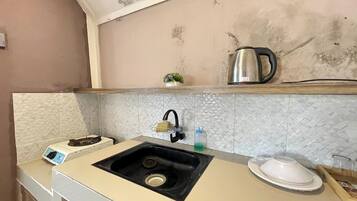 Una cuina amb un rentaplat, una olla, una petita planta i un escorredor.