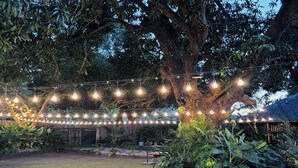 An outdoor area with string lights, a large tree, and potted plants. - Balai Balatong (Laoag)