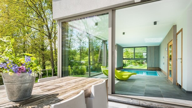 Un espace repas extérieur moderne, avec une table et des chaises en bois, une plante en pot et une vue sur une piscine, visible à travers de grandes portes vitrées.