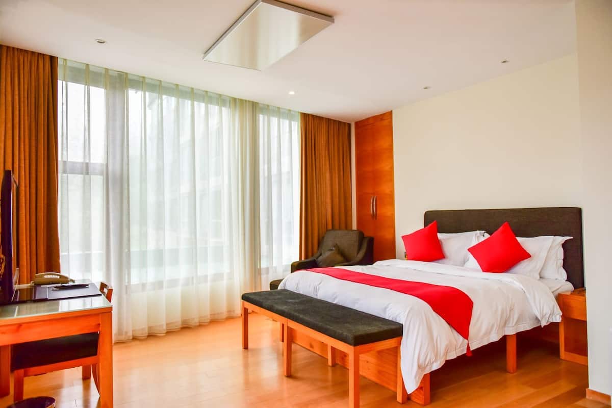 Una habitación de hotel con una cama, un escritorio, una silla y un banco.