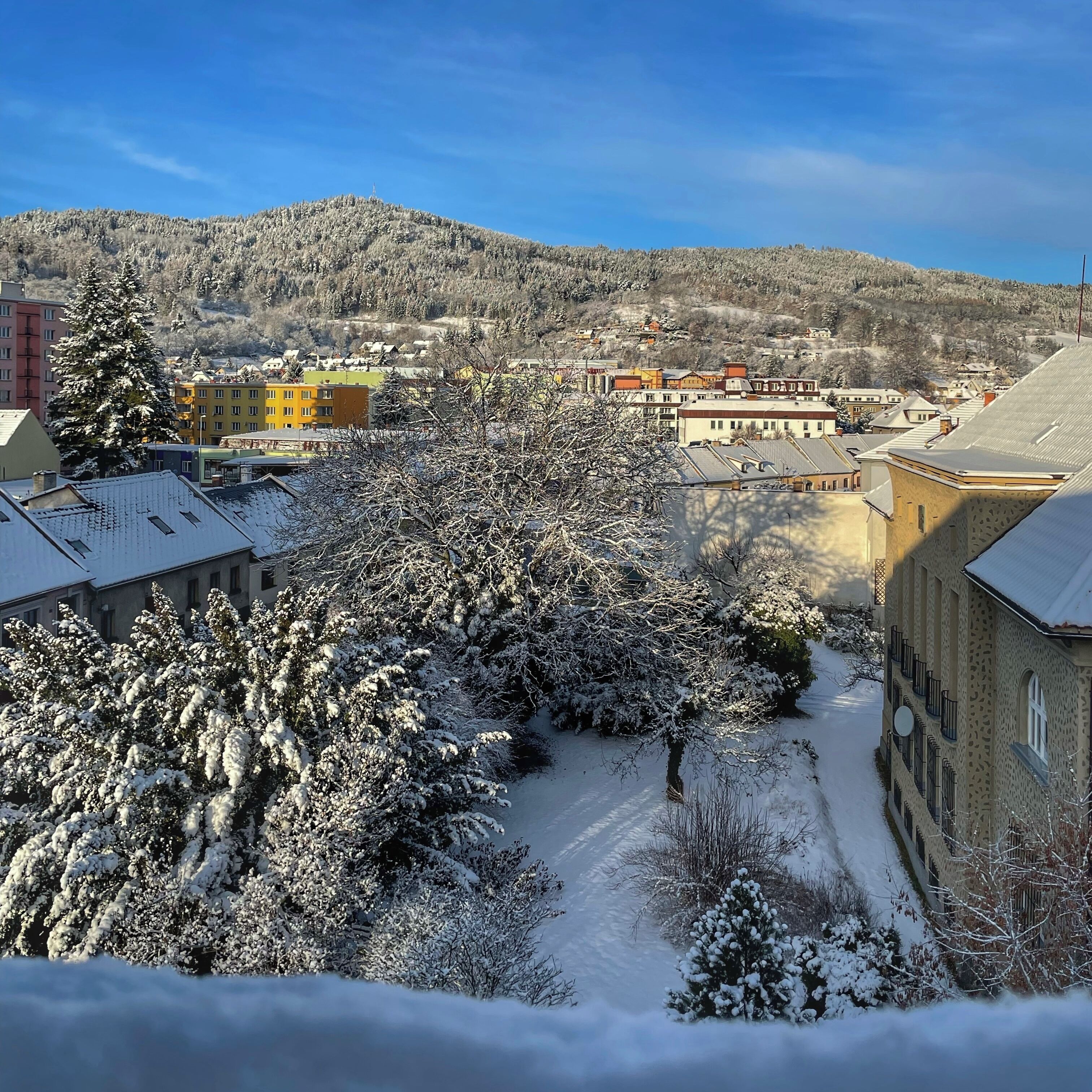 Uma cidade coberta de neve, com edifícios e uma montanha ao fundo.
