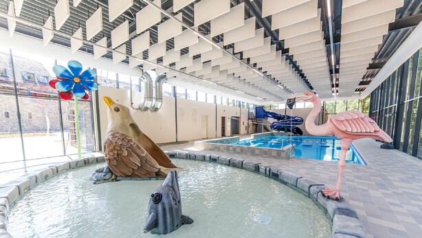 Une piscine intérieure agrémentée d’une sculpture de dauphin, d’une sculpture de flamant rose et d’une sculpture d’oiseau.