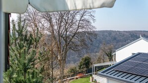 Zona residencial com uma casa, teto com painel solar, gramado e vista para uma colina arborizada.