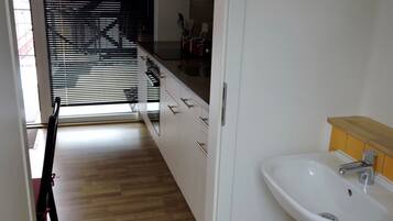 Fridge, microwave, stovetop, electric kettle