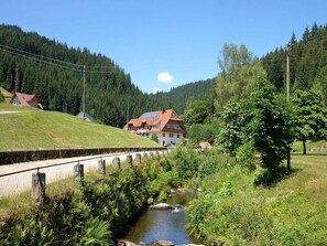 Eine ländliche Landschaft mit einem Haus, einem kleinen Bach und einer Brücke.