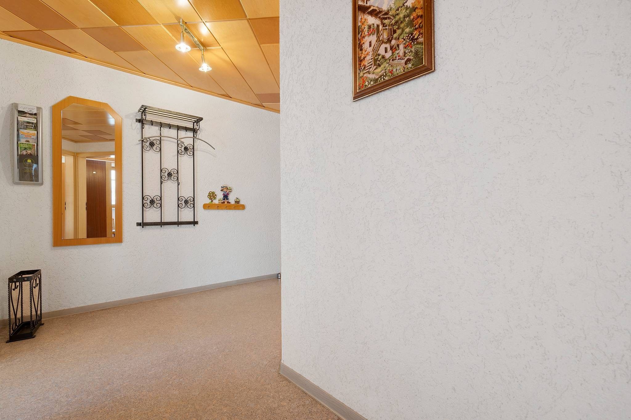 A hallway with a wooden door, a mirror, a metal rack, and a framed picture on the wall.