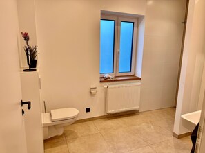 Un baño con inodoro, ventana, radiador y zona de ducha.