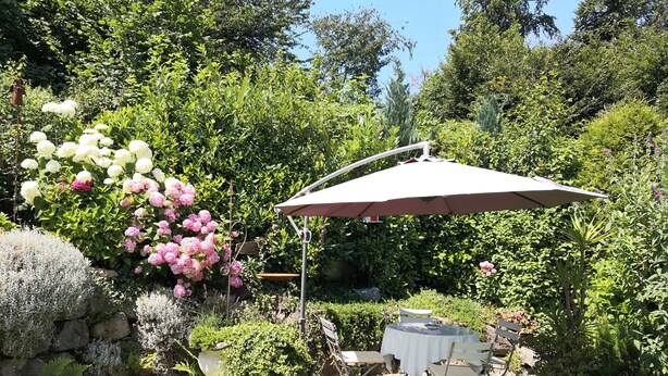 A garden patio with a table and chairs, surrounded by lush greenery and flowering plants. - Apartment '2' with Shared Garden and Wi-Fi (Meersburg)
