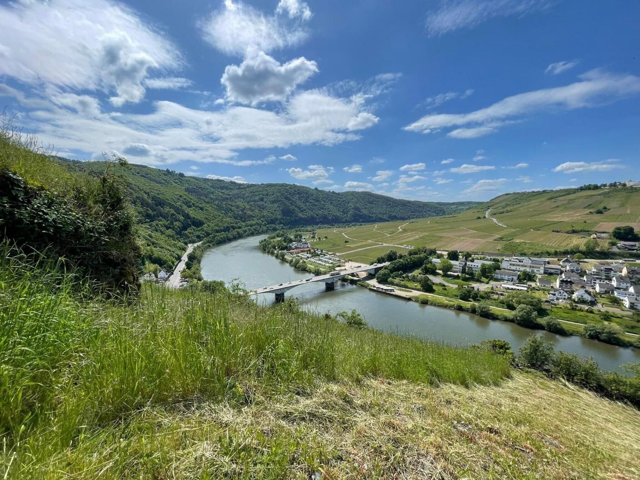A river with a bridge, a town with houses, and green hills.