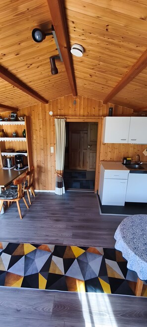 Fridge, coffee/tea maker, electric kettle, toaster